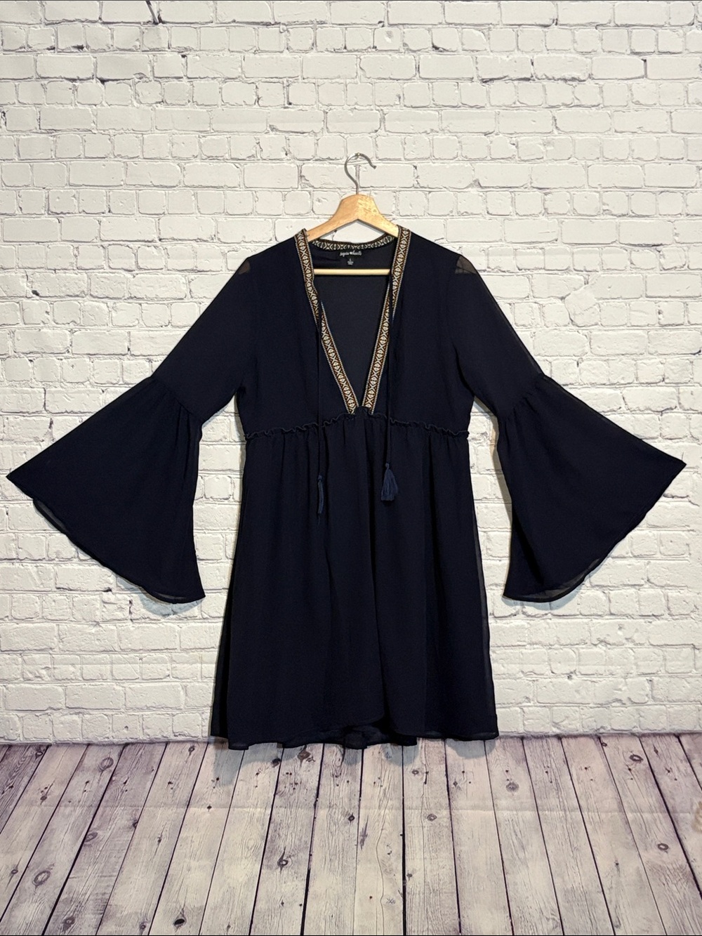 Flowy Navy Bell-Sleeve V-Neck Dress
